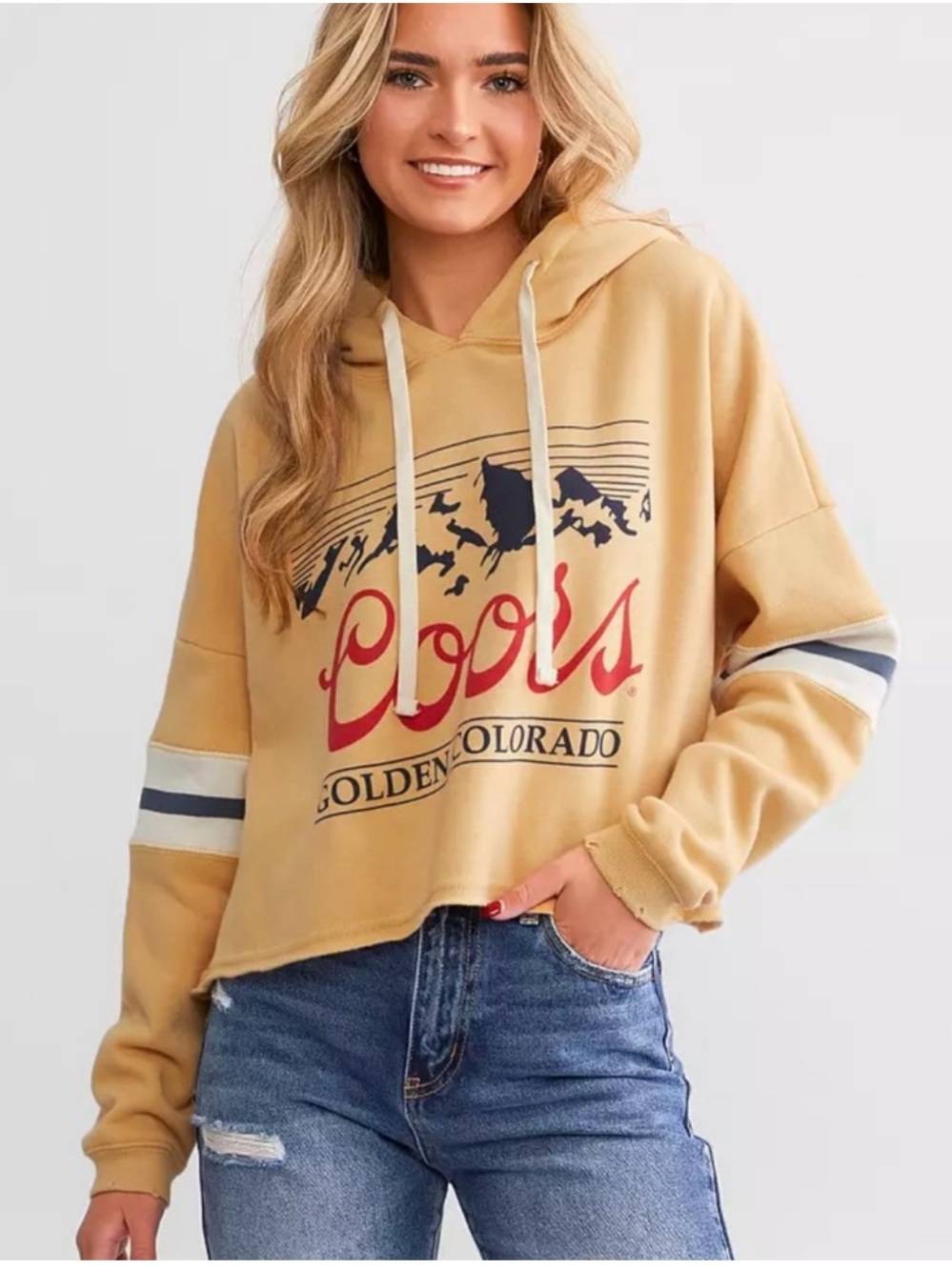 Mustard Hooded Cropped Sweatshirt with Graphic